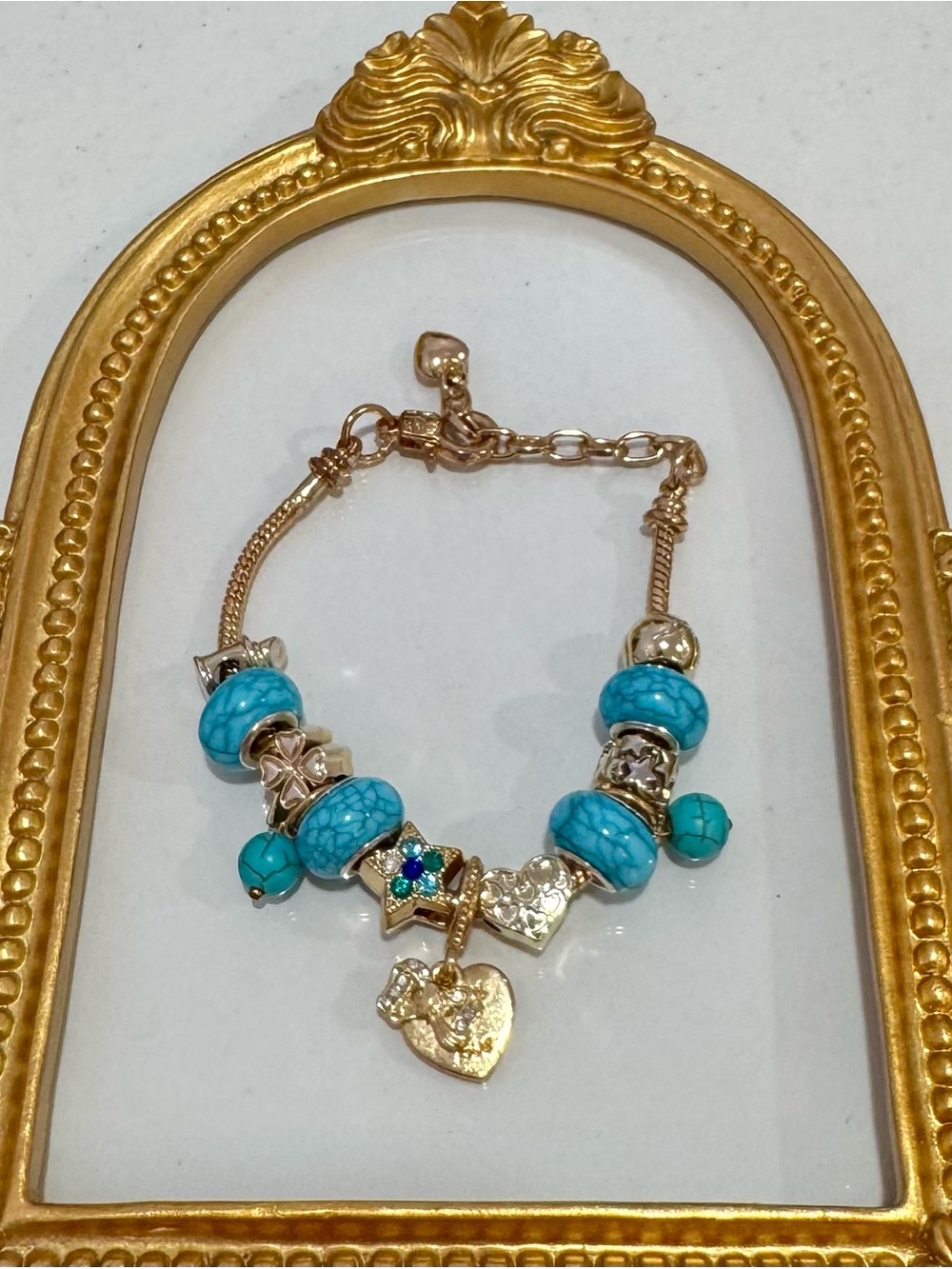 New Gold-Tone Bracelet with Turquoise Beads and Heart Charms